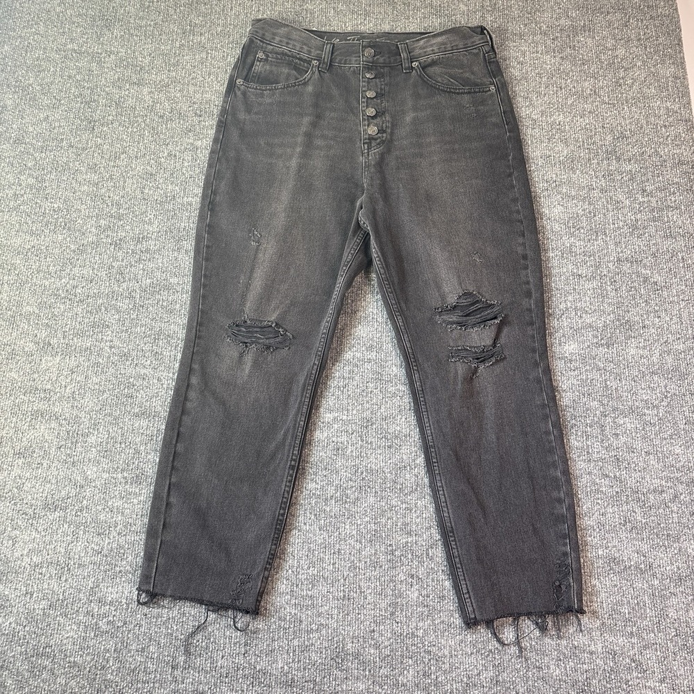 We The Free Jeans Womens 30 Blk Straight Distressed Button Fly High Rise Raw Hem